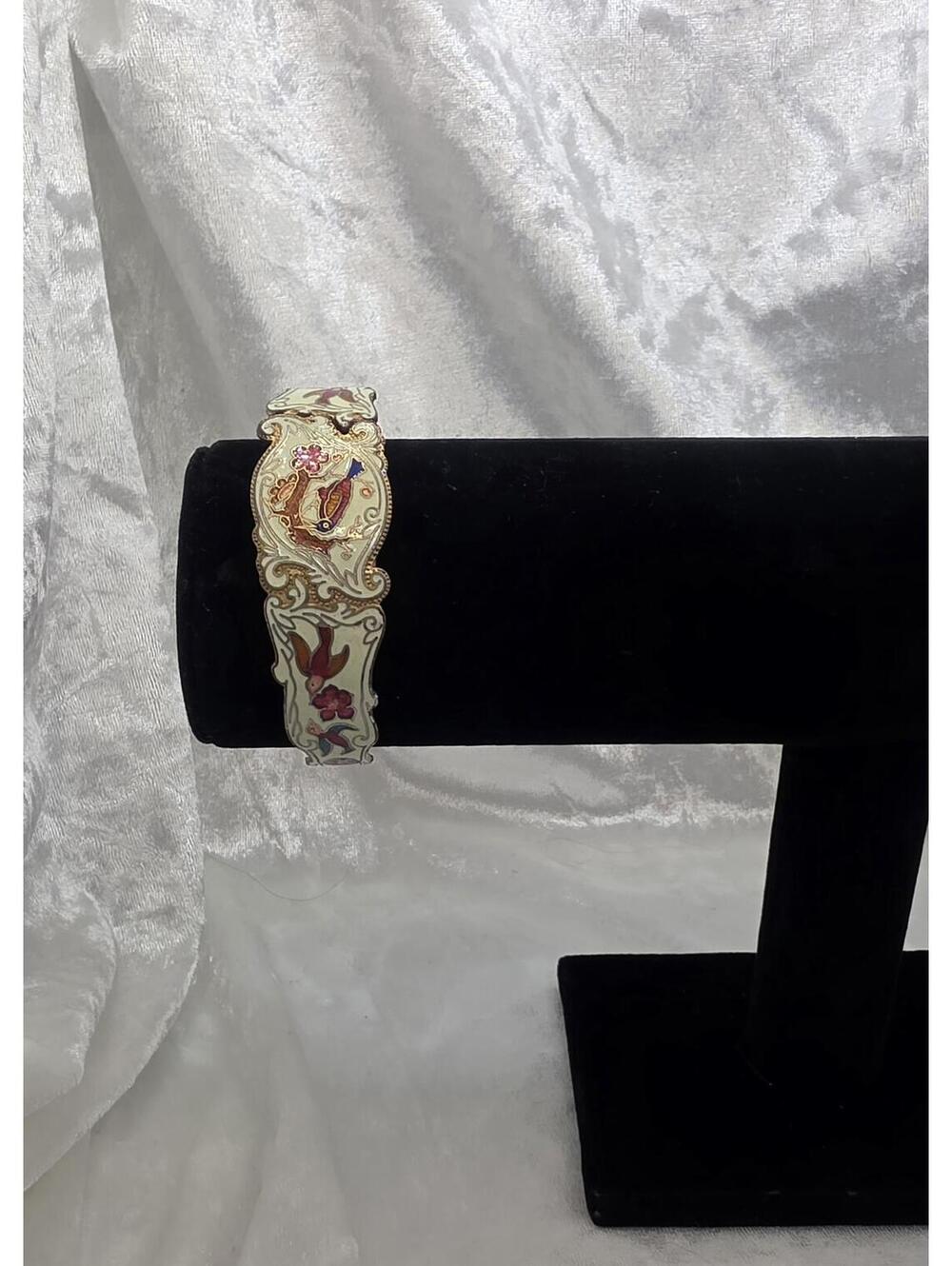 Vintage Cloisonne Bird Bracelet Cream Enamel Floral Hinged Bangle